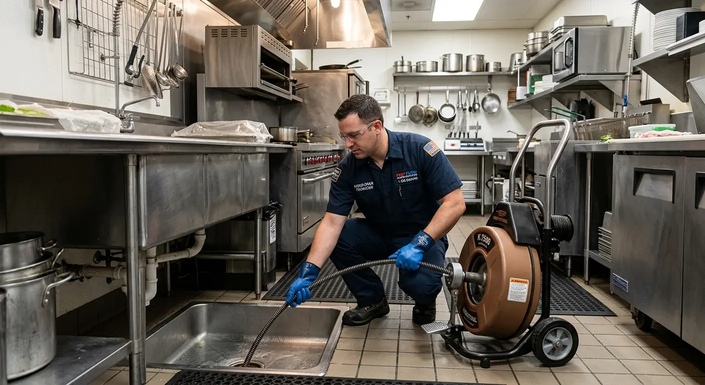 Commercial drain cleaning service in a restaurant kitchen in East Caln