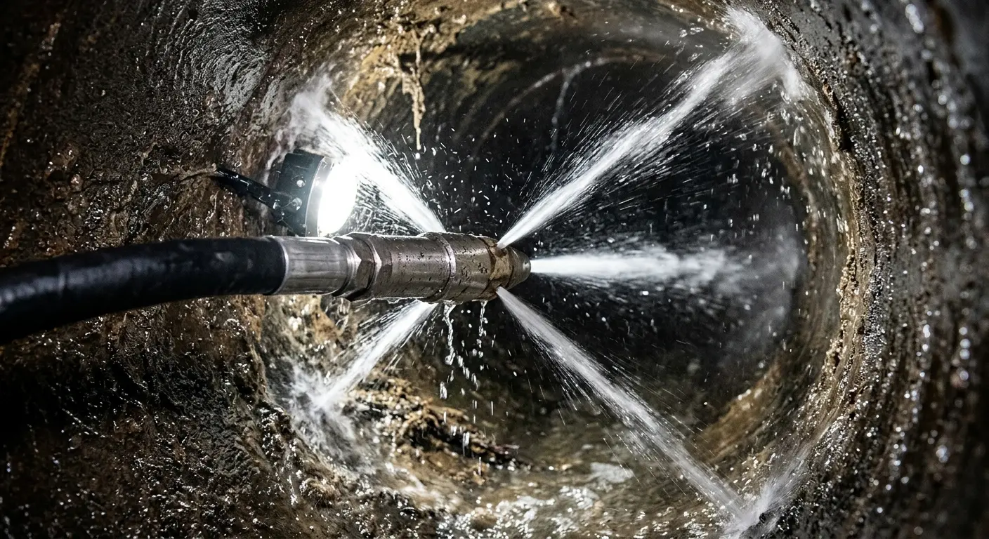High-pressure hydro jetting nozzle cleaning sewer pipe for Storm Drain Cleaning in East Caln