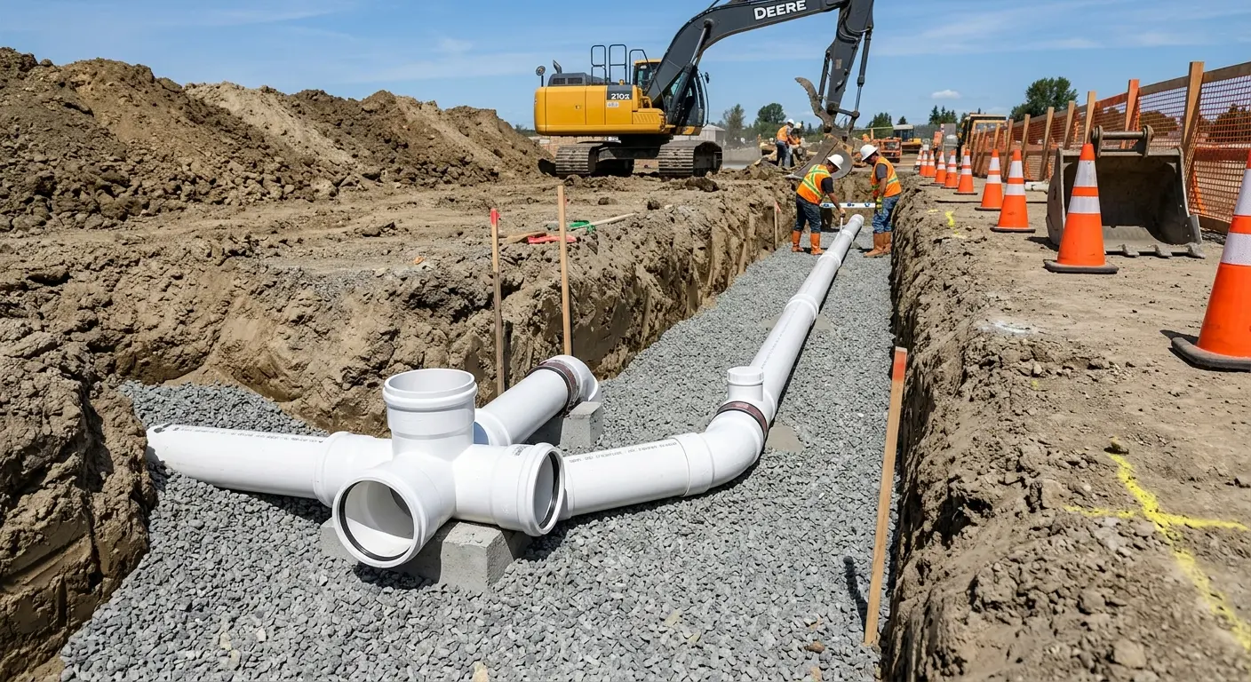 New PVC sewer pipe installation in open trench for Commercial Drain Cleaning in East Caln