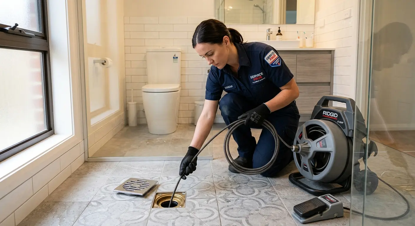 Technician clearing a bathroom floor drain for Sewer Line Installation in East Caln
